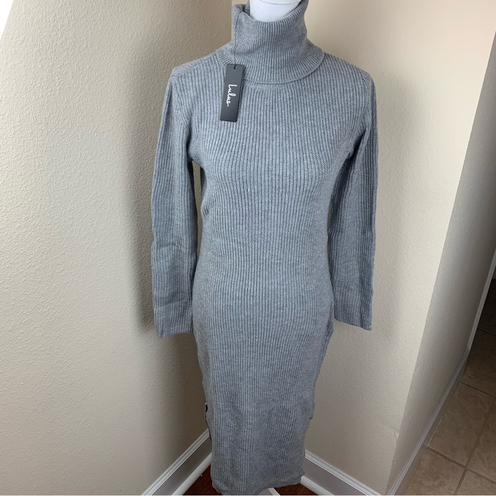 Lulus NWT Sheerah Turtleneck Heather Grey Midi Knit Sweater Dress - Picture 4 of 16